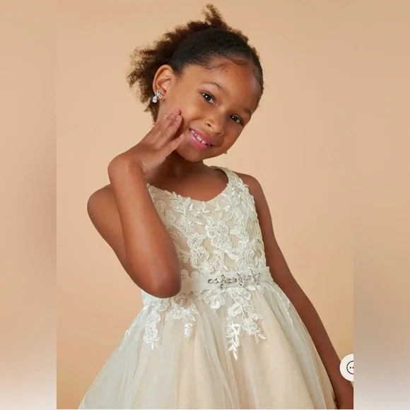 Azazie Minka Diamond White Champagne A-Line Lace Tulle Flower Girl Dress